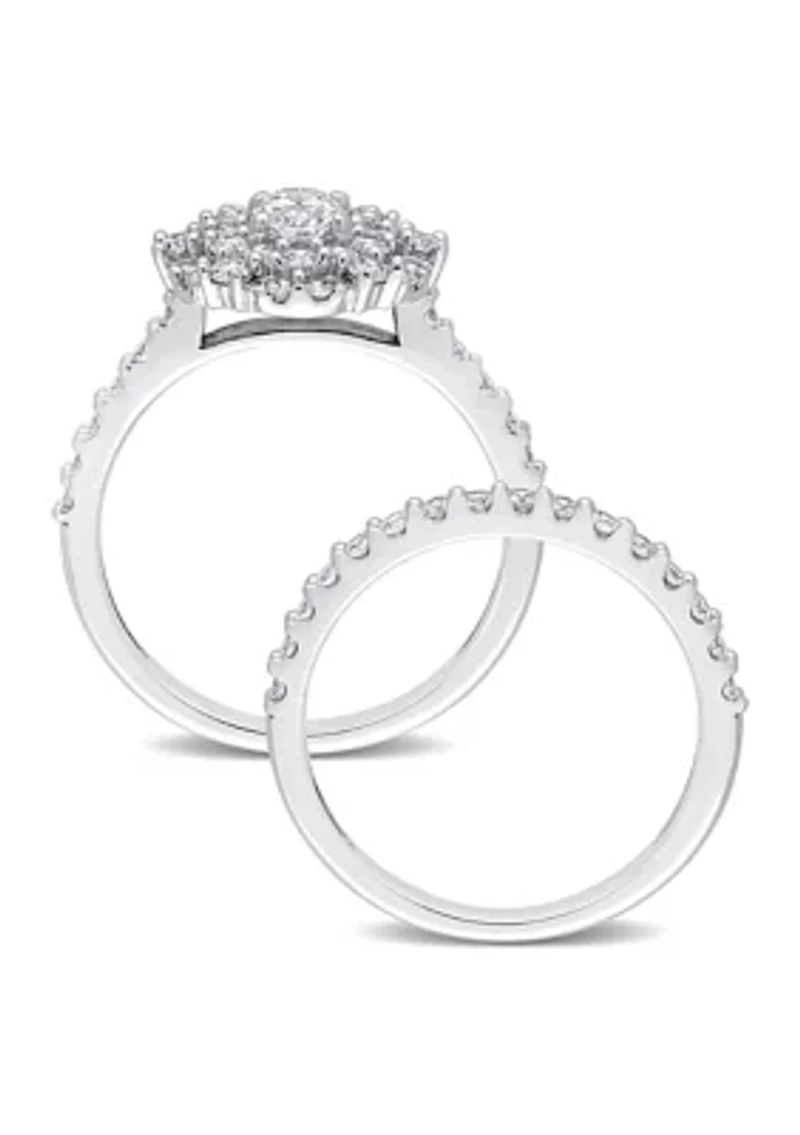 1 1/2 CT TW Oval & Round Diamond Double Halo Cluster Bridal Set 14k White Gold