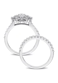 1 1/2 CT TW Oval & Round Diamond Double Halo Cluster Bridal Set 14k White Gold