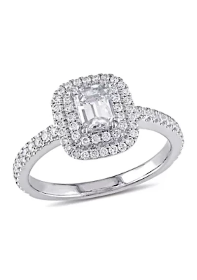 1 CT TW Emerald Cut and Round Diamond Double Halo Engagement Ring 14k White Gold