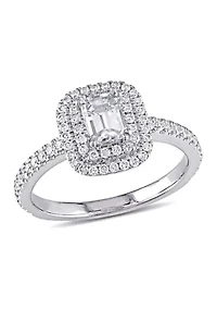 1 CT TW Emerald Cut and Round Diamond Double Halo Engagement Ring 14k White Gold
