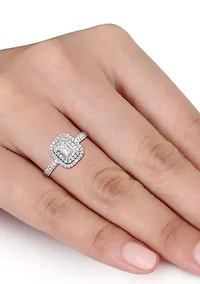 1 CT TW Emerald Cut and Round Diamond Double Halo Engagement Ring 14k White Gold