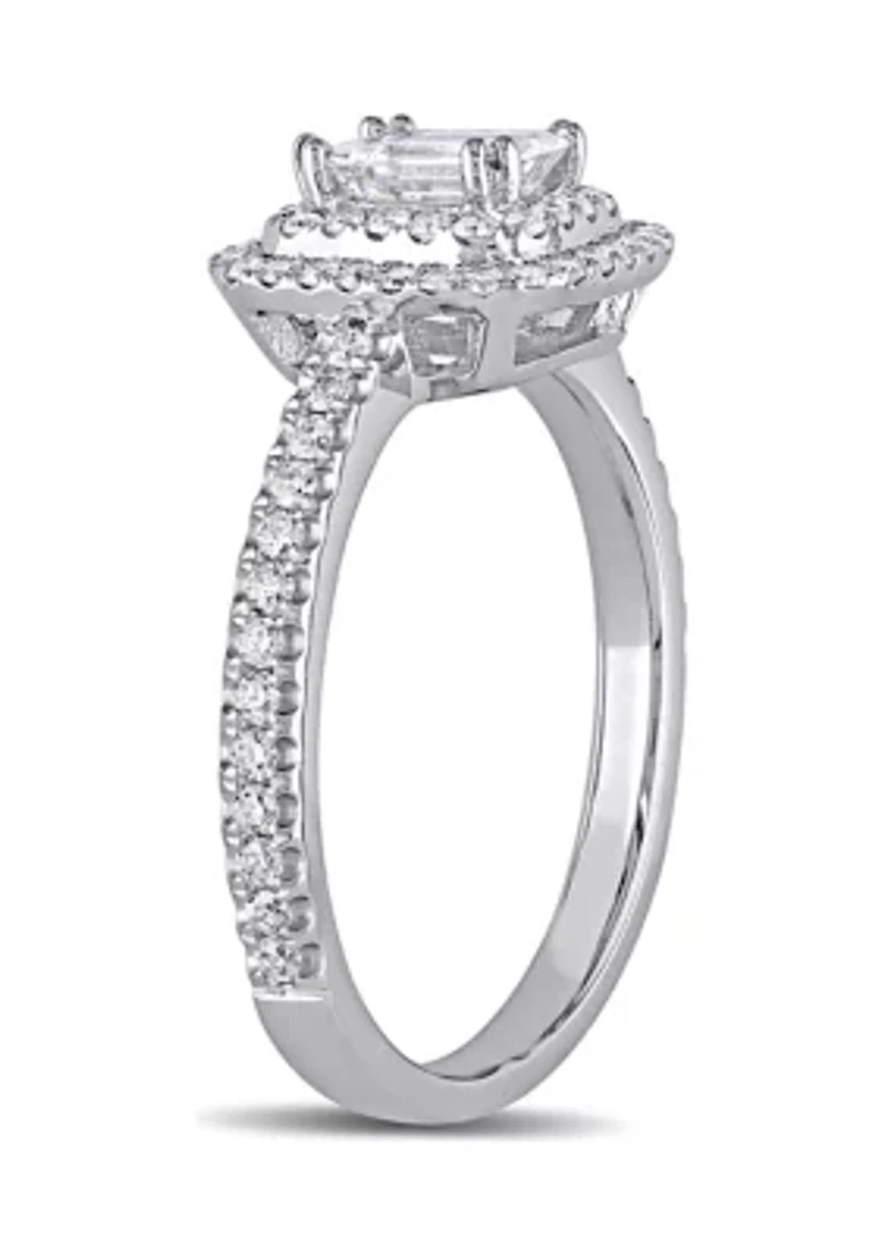 1 CT TW Emerald Cut and Round Diamond Double Halo Engagement Ring 14k White Gold