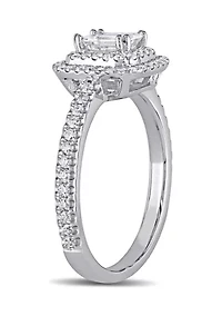 1 CT TW Emerald Cut and Round Diamond Double Halo Engagement Ring 14k White Gold
