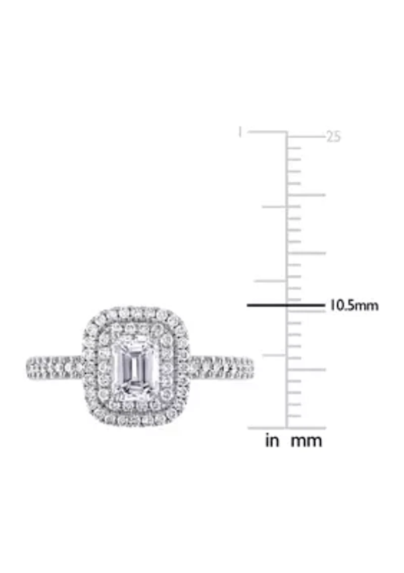 1 CT TW Emerald Cut and Round Diamond Double Halo Engagement Ring 14k White Gold