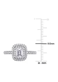 1 CT TW Emerald Cut and Round Diamond Double Halo Engagement Ring 14k White Gold