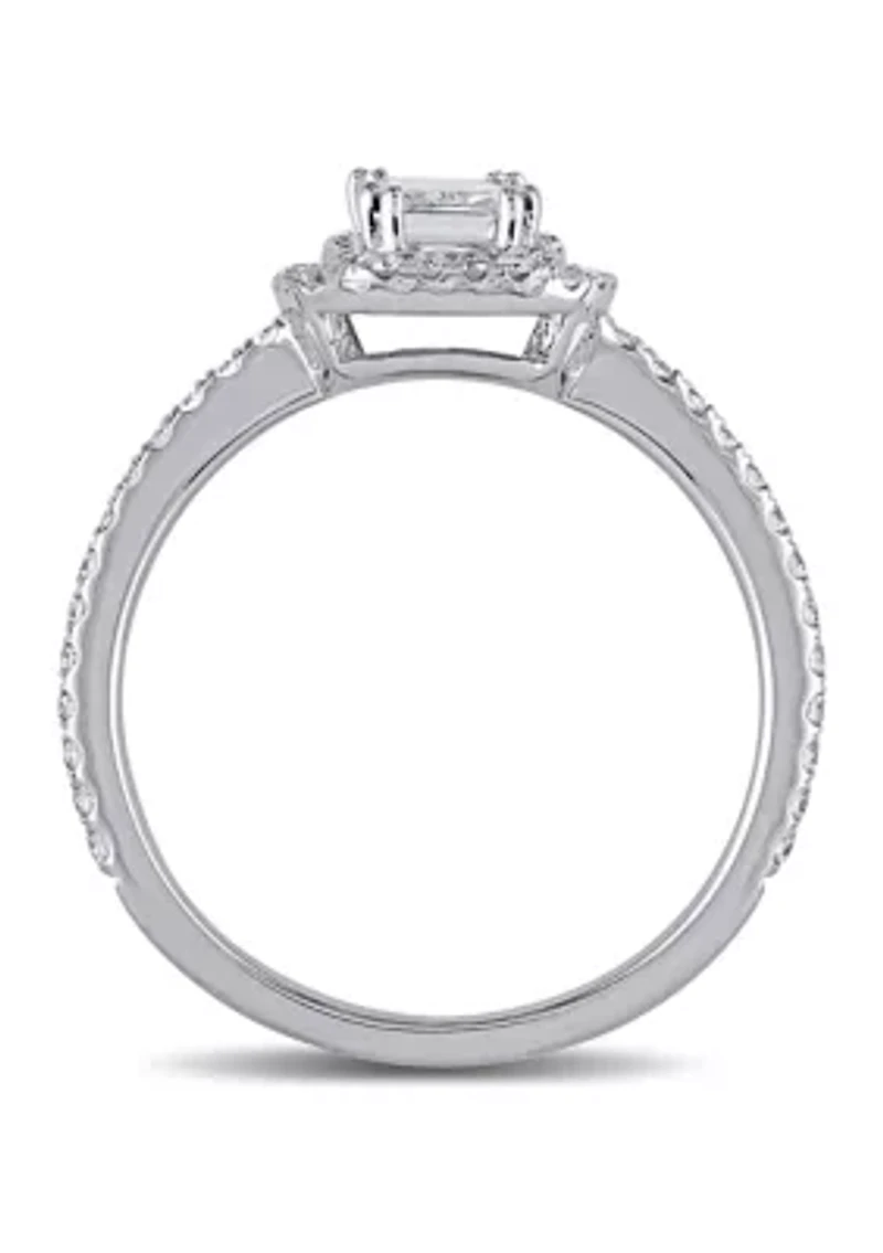 1 CT TW Emerald Cut and Round Diamond Double Halo Engagement Ring 14k White Gold