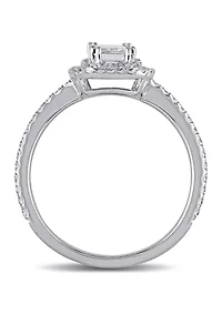 1 CT TW Emerald Cut and Round Diamond Double Halo Engagement Ring 14k White Gold