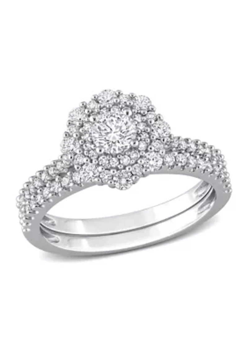 1 CT TW Diamond Double Halo Cluster Bridal Set 14k White Gold