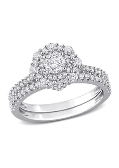1 CT TW Diamond Double Halo Cluster Bridal Set 14k White Gold