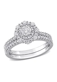 1 CT TW Diamond Double Halo Cluster Bridal Set 14k White Gold