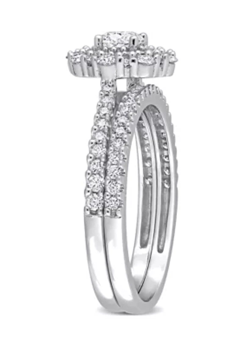 1 CT TW Diamond Double Halo Cluster Bridal Set 14k White Gold