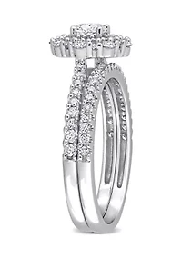 1 CT TW Diamond Double Halo Cluster Bridal Set 14k White Gold