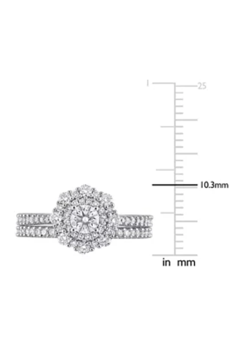1 CT TW Diamond Double Halo Cluster Bridal Set 14k White Gold