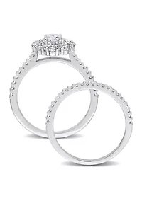 1 CT TW Diamond Double Halo Cluster Bridal Set 14k White Gold