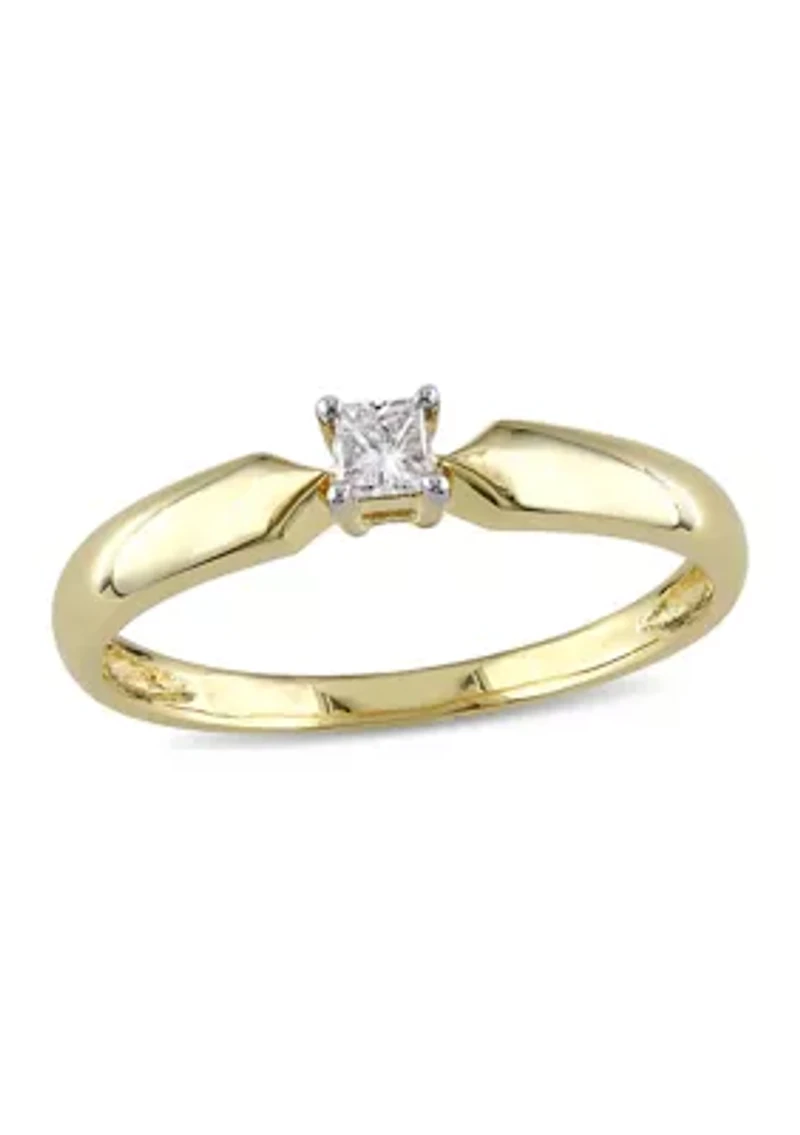 1/10 CT TW Princess Cut Diamond Solitaire Engagement Ring 10k Yellow Gold