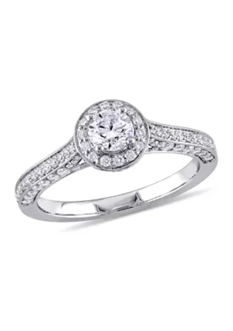 1 CT TW Diamond Halo Vintage Engagement Ring 14k White Gold