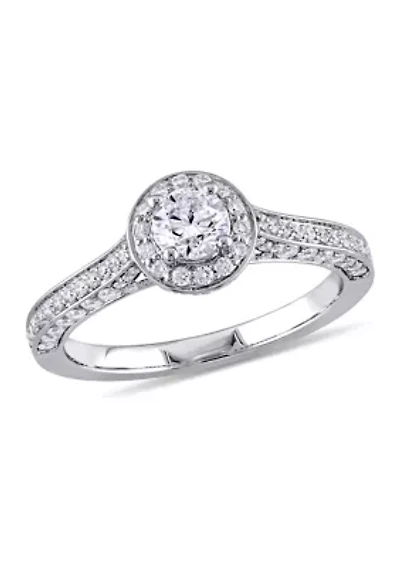 1 CT TW Diamond Halo Vintage Engagement Ring 14k White Gold