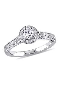 1 CT TW Diamond Halo Vintage Engagement Ring 14k White Gold