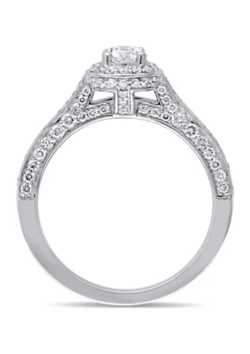1 CT TW Diamond Halo Vintage Engagement Ring 14k White Gold