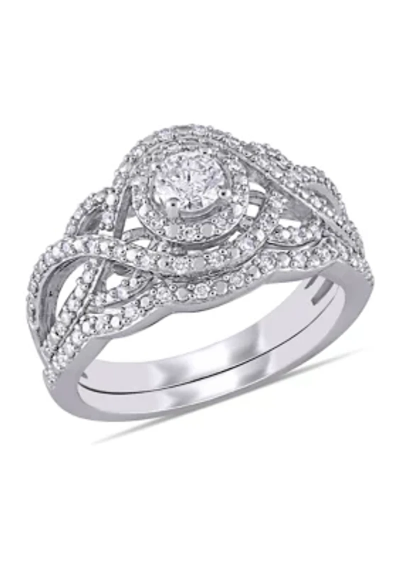 1/2 CT TW Diamond Double Halo Twist Bridal Set 14k White Gold