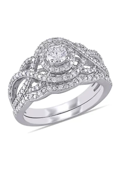 1/2 CT TW Diamond Double Halo Twist Bridal Set 14k White Gold