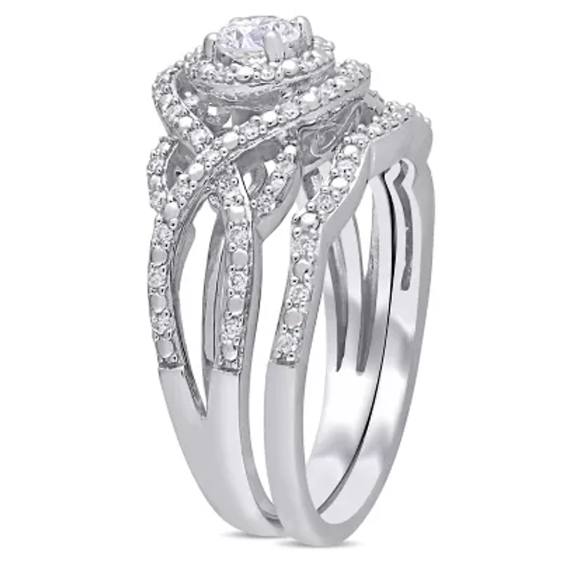 1/2 CT TW Diamond Double Halo Twist Bridal Set 14k White Gold
