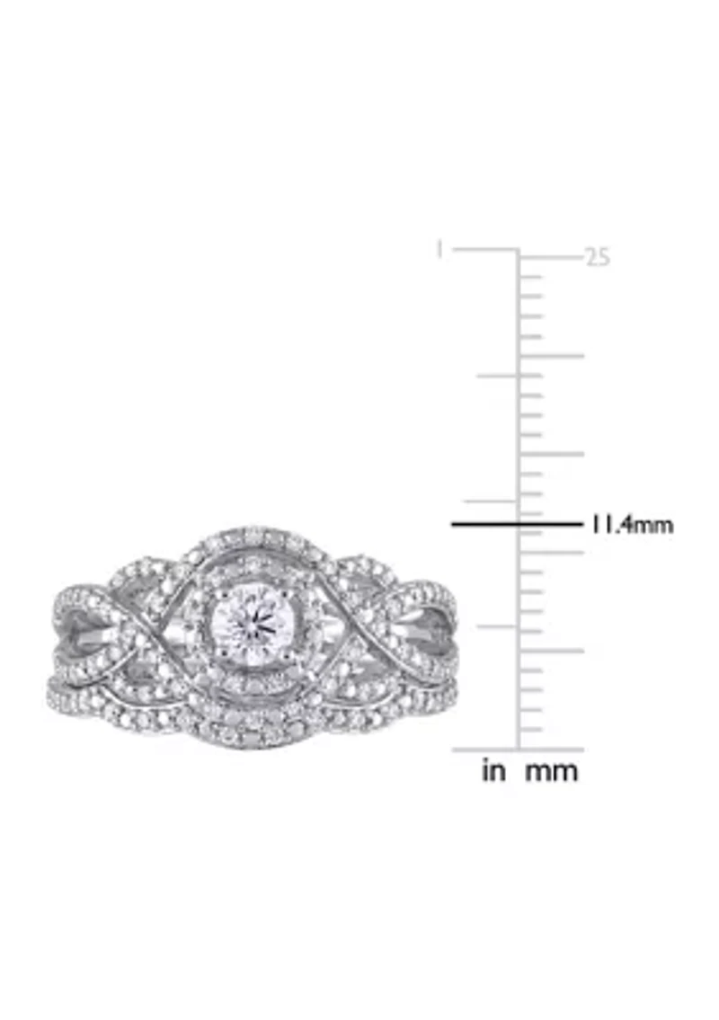 1/2 CT TW Diamond Double Halo Twist Bridal Set 14k White Gold