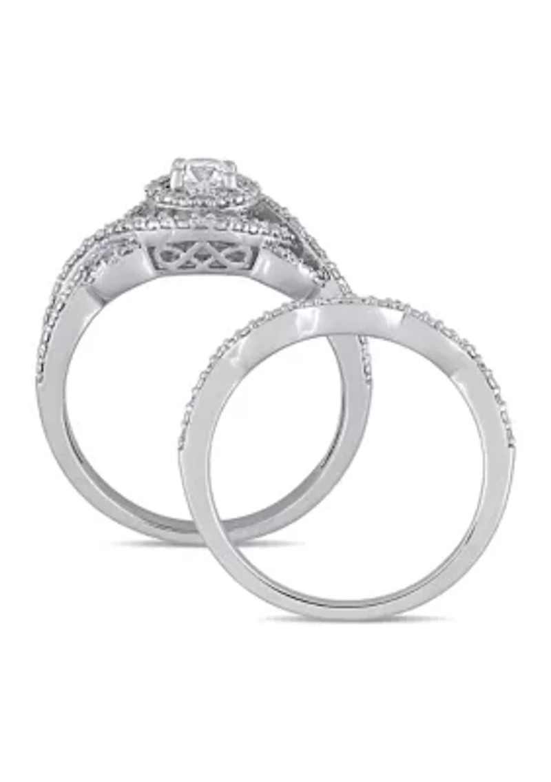 1/2 CT TW Diamond Double Halo Twist Bridal Set 14k White Gold