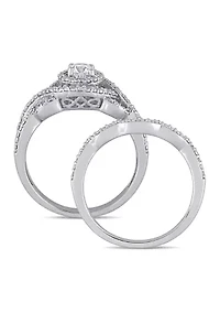 1/2 CT TW Diamond Double Halo Twist Bridal Set 14k White Gold