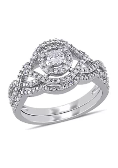 1/2 CT TW Diamond Halo Twist Bridal Set 10k White Gold