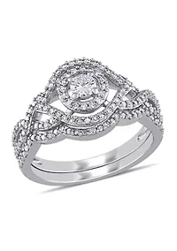 1/2 CT TW Diamond Halo Twist Bridal Set 10k White Gold