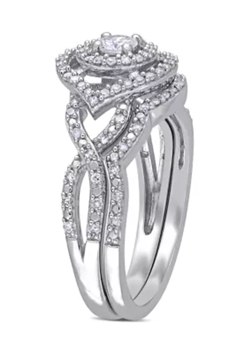 1/2 CT TW Diamond Halo Twist Bridal Set 10k White Gold