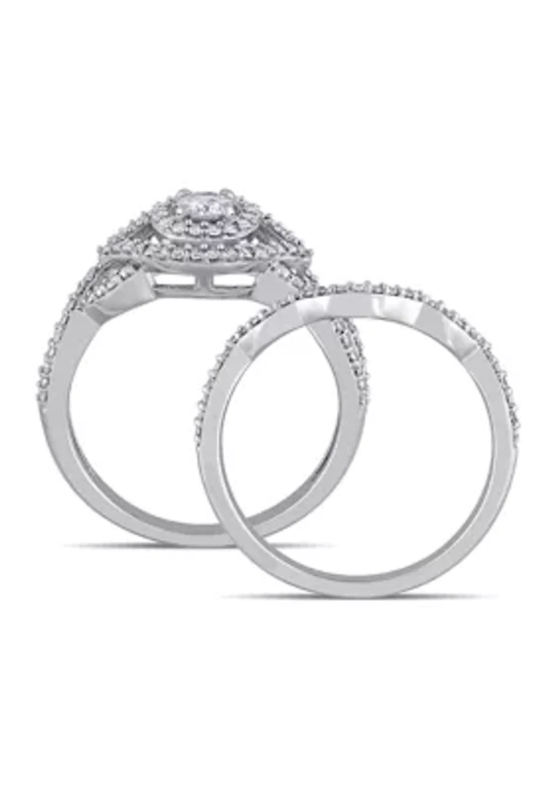 1/2 CT TW Diamond Halo Twist Bridal Set 10k White Gold