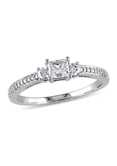 1/2 CT TW Princess Cut and Round Diamond 3-Stone Engagement  Ring 10k White Gold