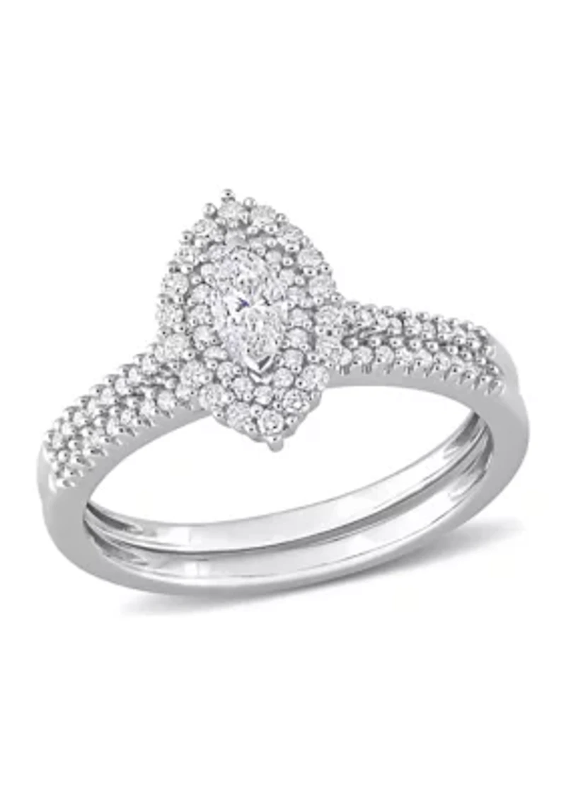 1/2 CT TW Marquise & Round Diamond Double Halo Cluster Bridal Set 14k White Gold