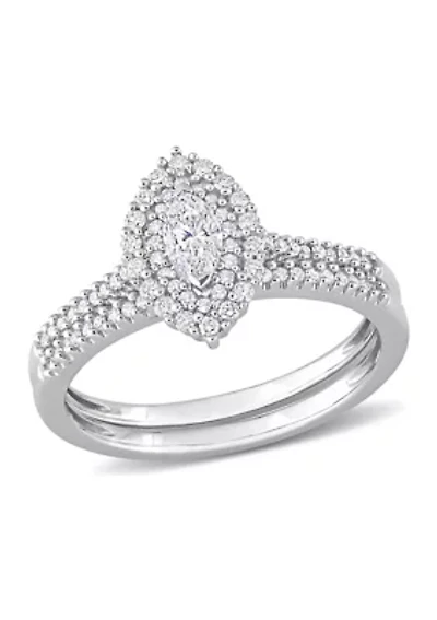 1/2 CT TW Marquise & Round Diamond Double Halo Cluster Bridal Set 14k White Gold