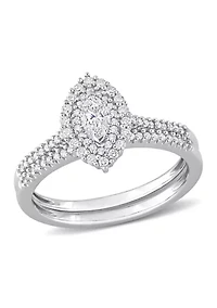 1/2 CT TW Marquise & Round Diamond Double Halo Cluster Bridal Set 14k White Gold