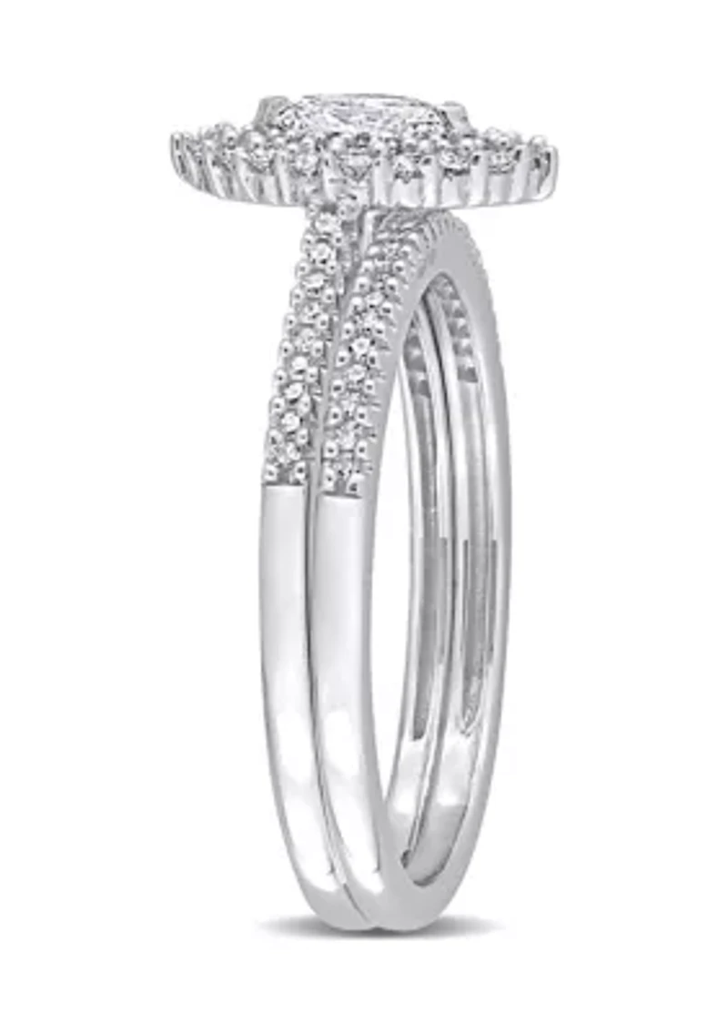 1/2 CT TW Marquise & Round Diamond Double Halo Cluster Bridal Set 14k White Gold