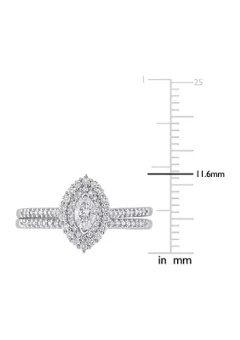 1/2 CT TW Marquise & Round Diamond Double Halo Cluster Bridal Set 14k White Gold