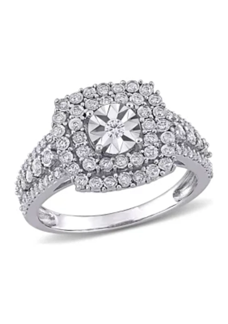 1/2 CT TW Diamond Square Halo Ring 10k White Gold