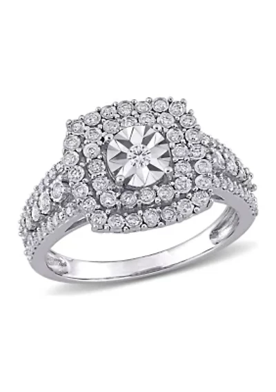 1/2 CT TW Diamond Square Halo Ring 10k White Gold