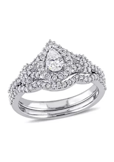 3/4 CT TW Pear and Round Shape Diamond Halo Split Shank Bridal Set 14k White Gold