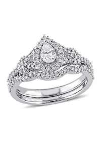 3/4 CT TW Pear and Round Shape Diamond Halo Split Shank Bridal Set 14k White Gold