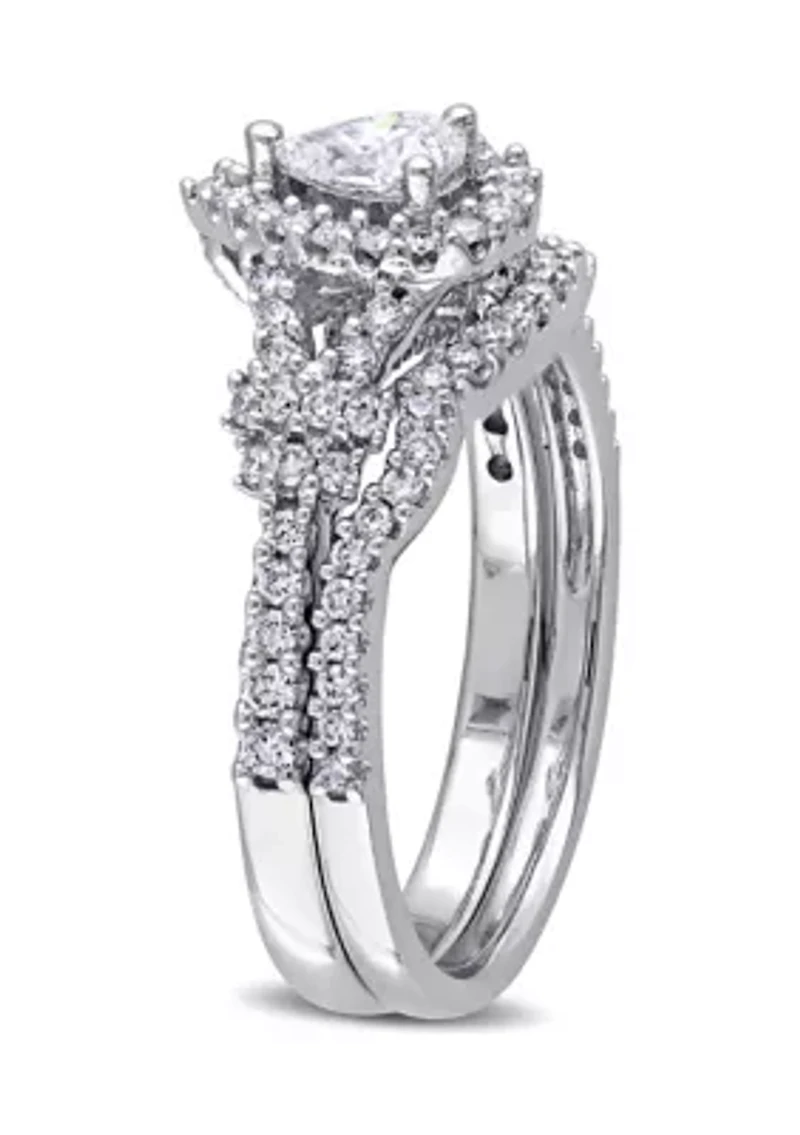 3/4 CT TW Pear and Round Shape Diamond Halo Split Shank Bridal Set 14k White Gold