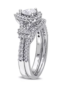 3/4 CT TW Pear and Round Shape Diamond Halo Split Shank Bridal Set 14k White Gold