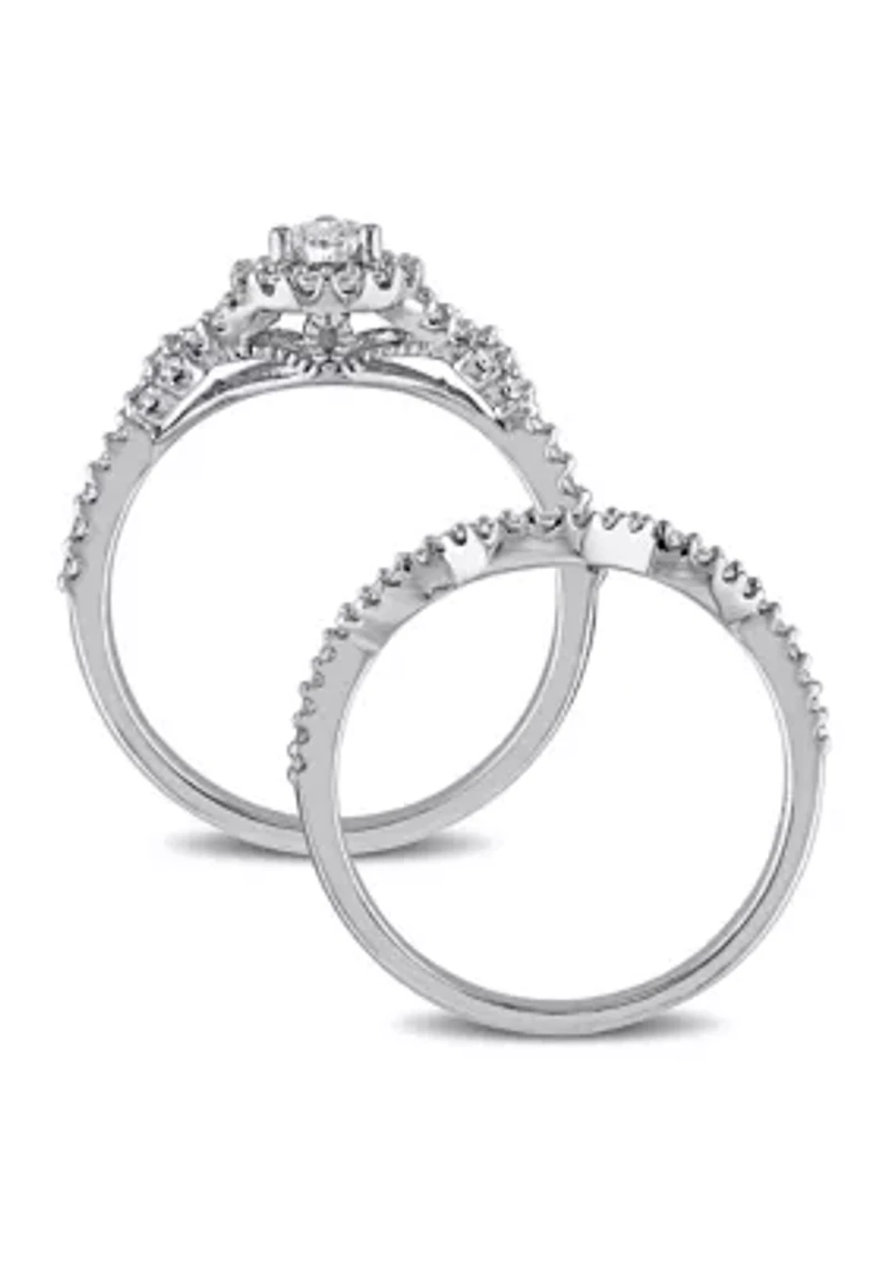 3/4 CT TW Pear and Round Shape Diamond Halo Split Shank Bridal Set 14k White Gold