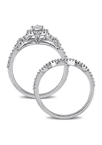 3/4 CT TW Pear and Round Shape Diamond Halo Split Shank Bridal Set 14k White Gold