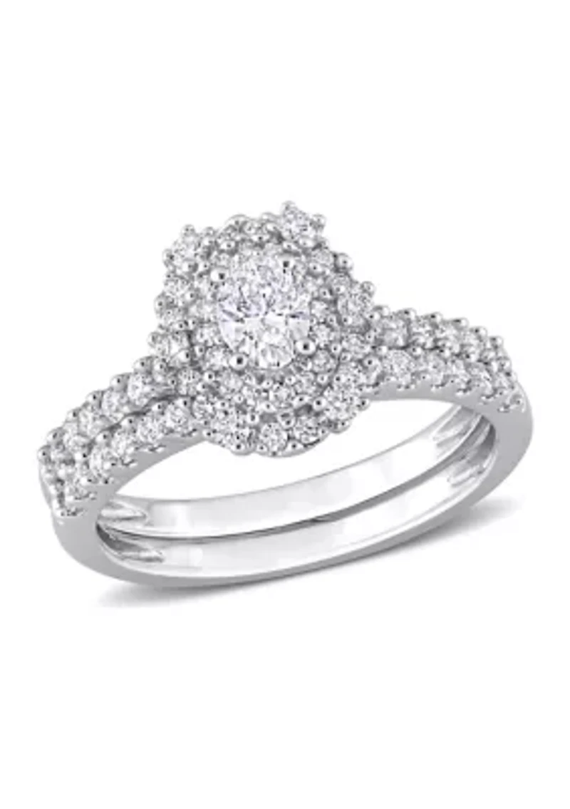 1 CT TW Oval & Round Diamond Double Halo Cluster Bridal Set 14k White Gold