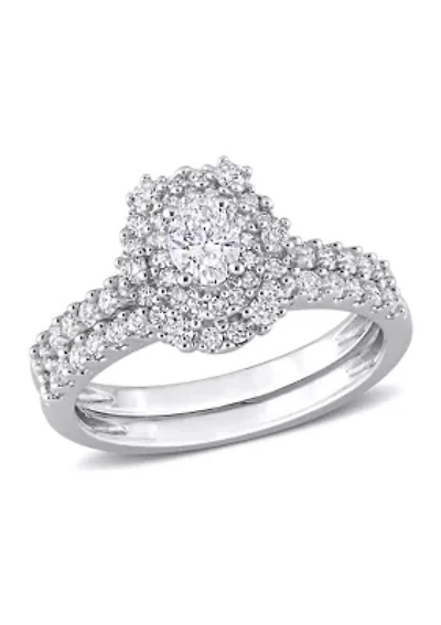 1 CT TW Oval & Round Diamond Double Halo Cluster Bridal Set 14k White Gold