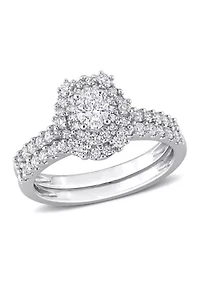 1 CT TW Oval & Round Diamond Double Halo Cluster Bridal Set 14k White Gold